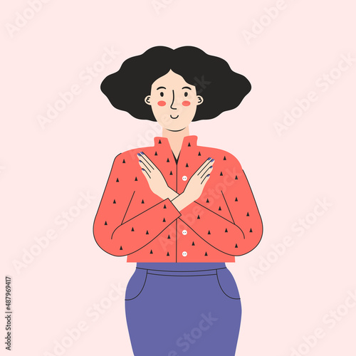 Break the bias. Woman's international day. IWD. 8th march. Strong brave woman cross arms. BreakTheBias campaign. Stand up against discrimination and stereotype. Vector illustration, poster, banner.