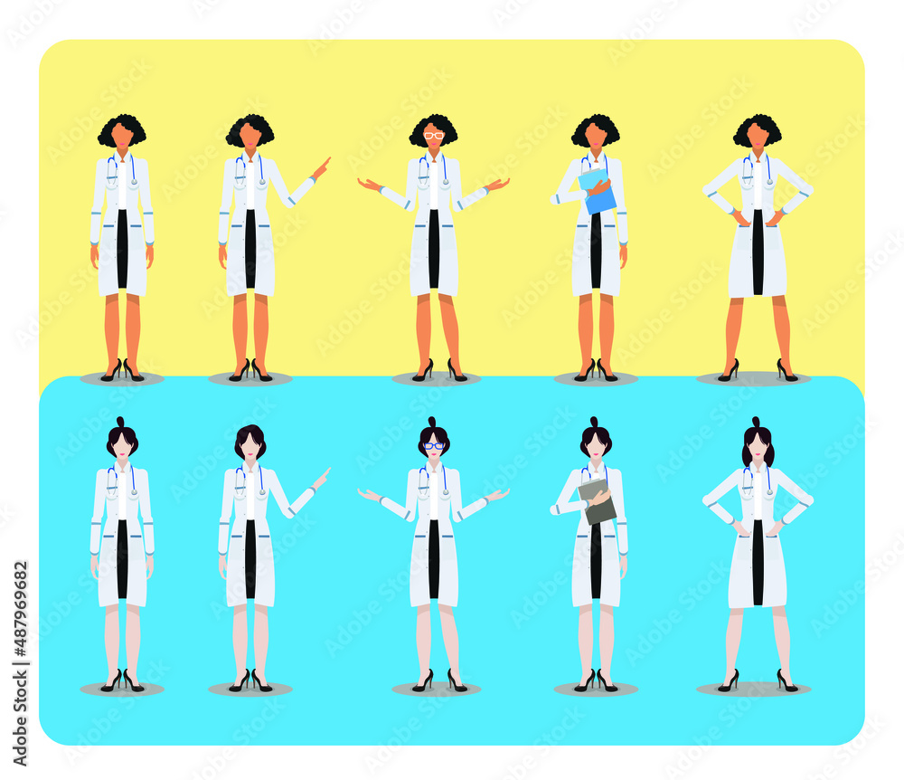 female doctor set of poses usable for hospital and clinic infographic or medical web and app design
