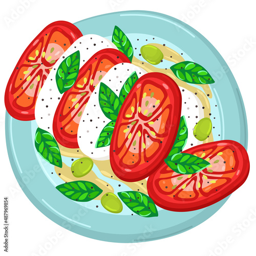 Vector isolated illustration of italian salad caprese on blue plate. Traditional cuisine of Italy. Tomato, mozzarella, bazil, olives and pepper.