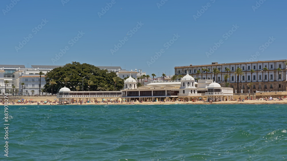La caleta beach in Cadiz, with building of the headquarters of the Underwater Archeology Center of Andalusia