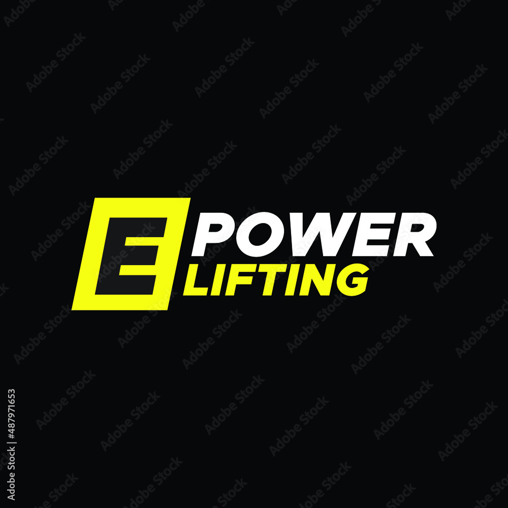 Letter E in square modern negative space logo. Fitness equipment letter symbol with text. Graphic alphabet symbol for sport identity
