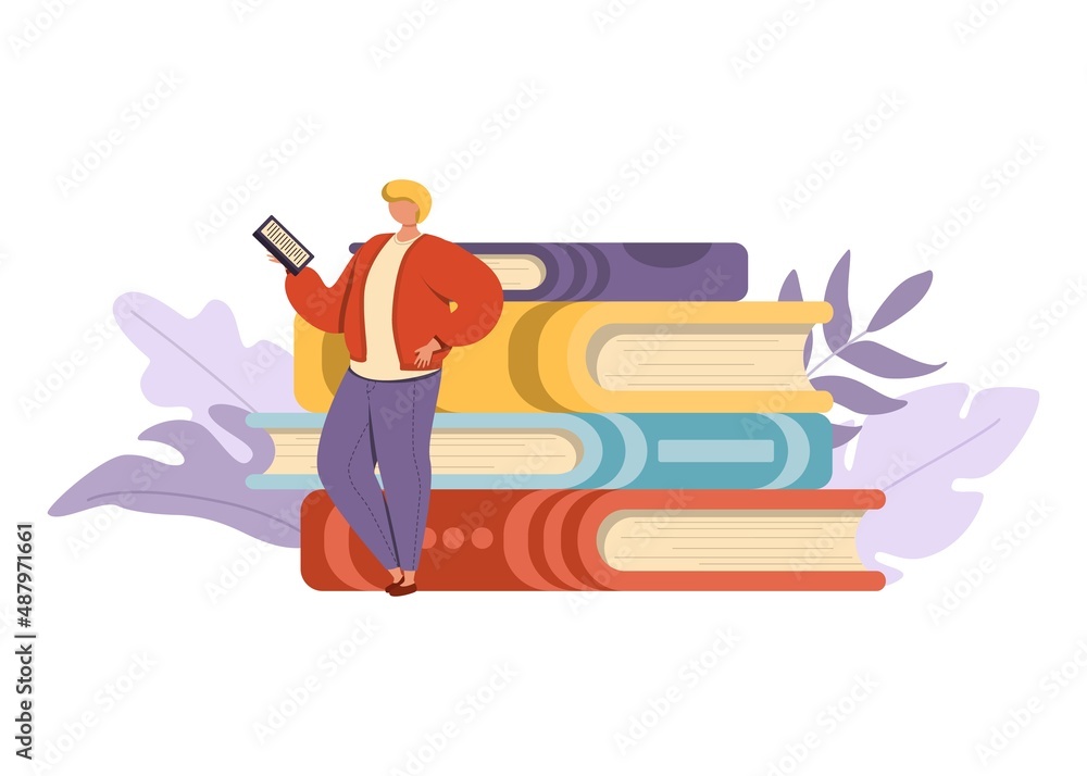 Young man is standing next to a stack of giant books and reading. Young man is standing next to a stack of giant books and reading.