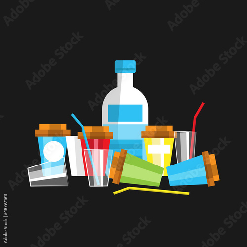 Plastic bottle with a drink, empty glasses, straws for cocktails. Plastic trash on a dark background. Vector illustration
