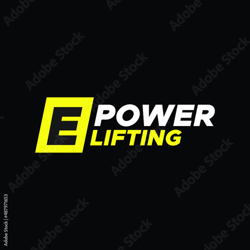 Letter E in square modern negative space logo. Fitness equipment letter symbol with text. Graphic alphabet symbol for sport identity 