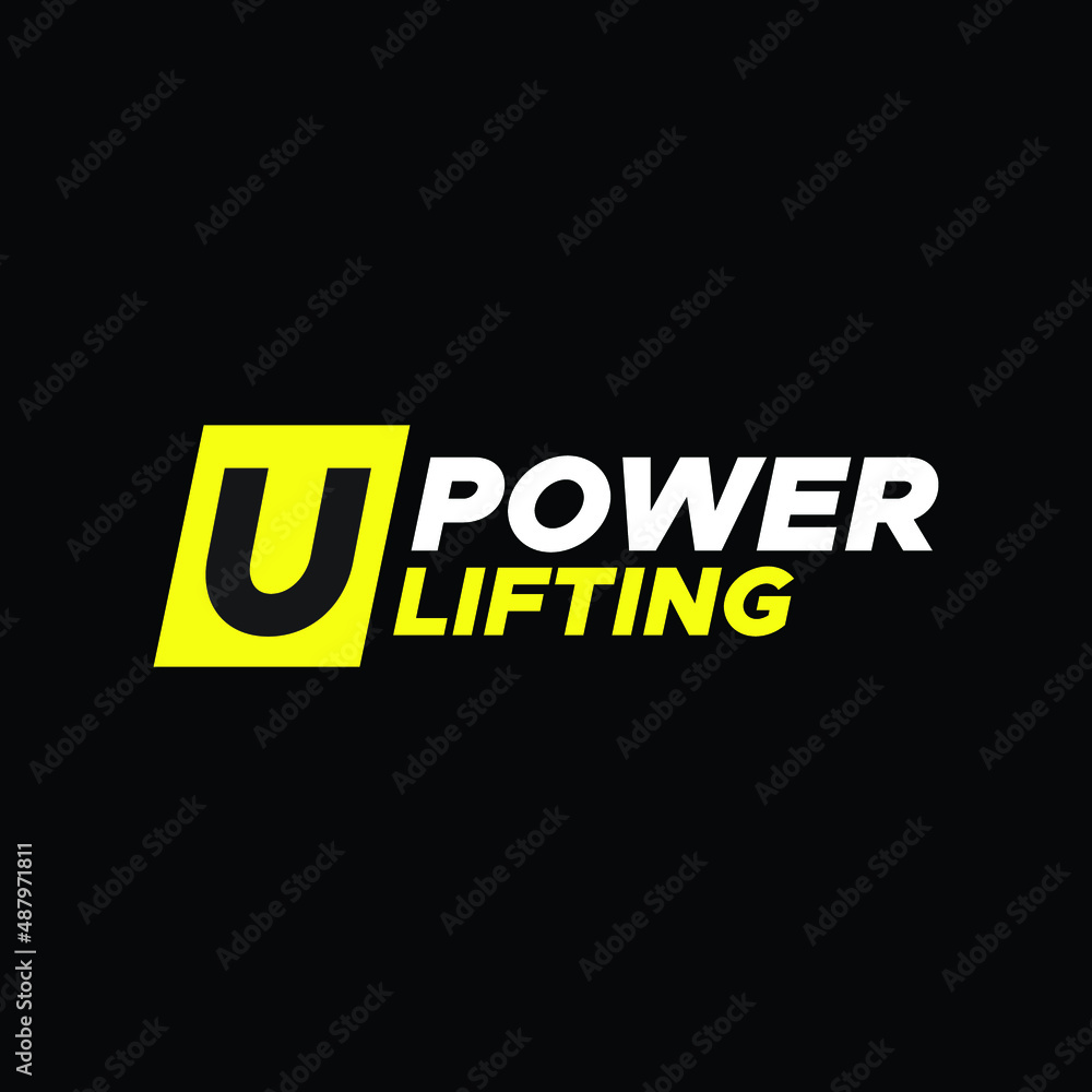 Letter U in square modern negative space logo. Fitness equipment letter symbol with text. Graphic alphabet symbol for sport identity
