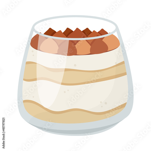 Italian tiramisu in a glass. Sweet dessert with layers of Savoyardi cookies and Mascarpone cheese in a mug. Vector illustration. photo