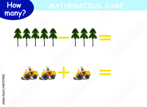 mathematical examples of addition and subtraction with colored cars