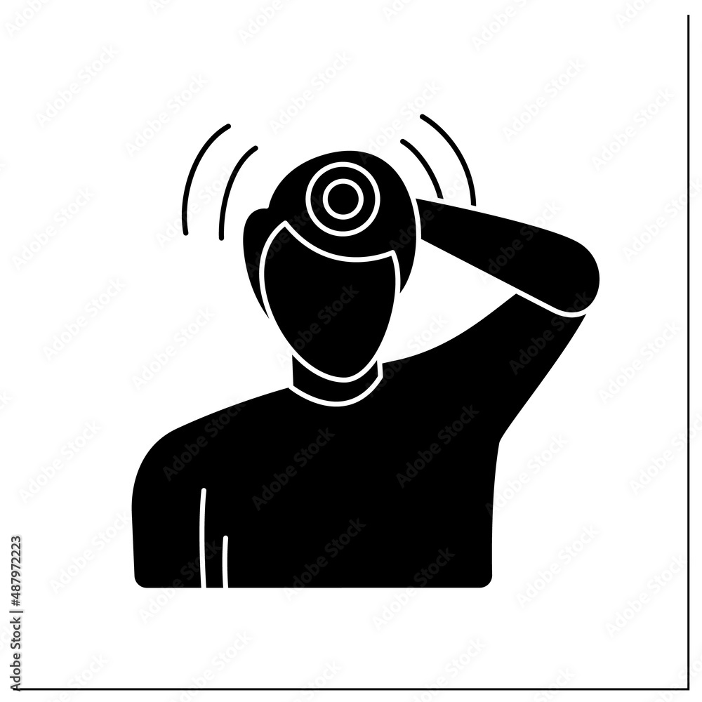 Migraine glyph icon. Man avatar touches back of his head in severe pulsating headache. Stress disorder, head pain and health trouble. Filled flat sign. Isolated silhouette vector illustration Migraine glyph icon. Man avatar touches back of his head in severe pulsating headache. Stress disorder, head pain and health trouble. Filled flat sign. Isolated silhouette vector illustration