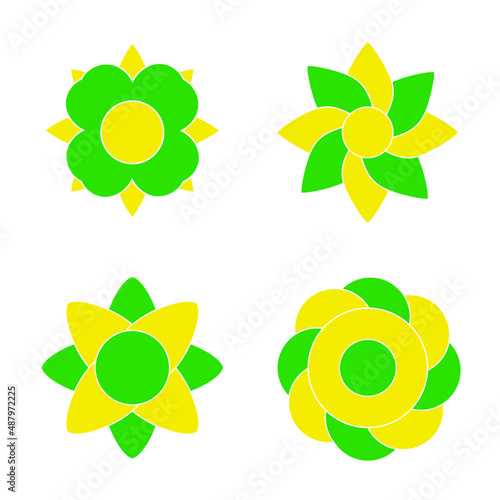 Four abstract blossoms, green and yellow flower icons, isolated on white background