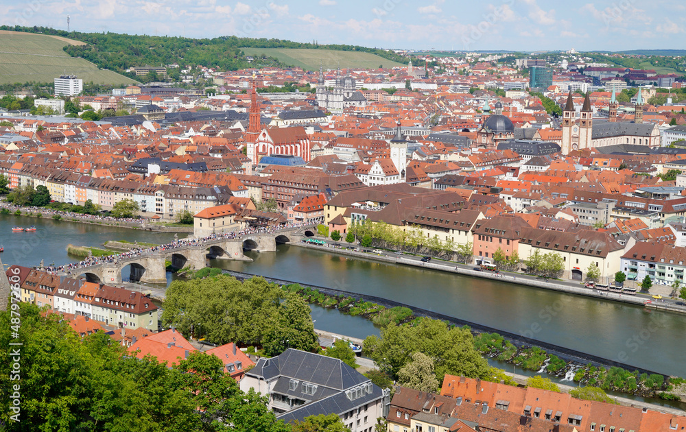 a beautiful cityscape of Wurzburg with Old Main Bridge on a sunny spring day (Wuerzburg, Germany)	
