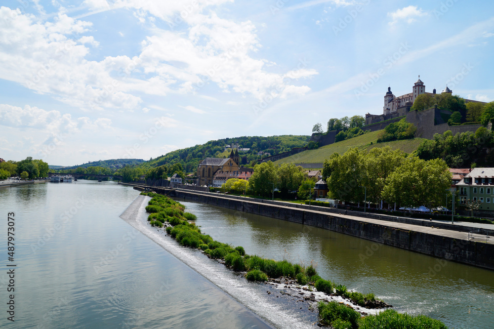 beautiful city of Wurzburg with Marienberg Fortress und Old Main Bridge on a sunny spring day	(Bavaria, Germany)