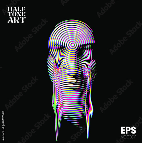 Halftone Art. Vector RGB color illustration from 3d rendering of female face in circle halftone style with melting glitch tears. Isolated on black background.