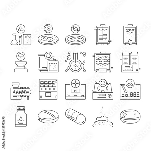 Pharmaceutical Production Factory Icons Set Vector .
