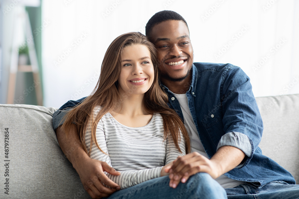 Interracial Couples Life. Happy Black Man And White Woman Relaxing On