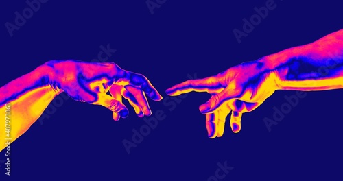 Obraz na plátně Reaching hands in pink and blue vaporwave and synthwave style concept illustration isolated on dark  blue background