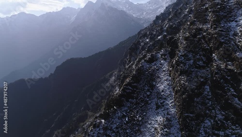 Aerial drone mountain fly-by in Langtang National Park on Gosainkunda trail, Himalayas, Nepal