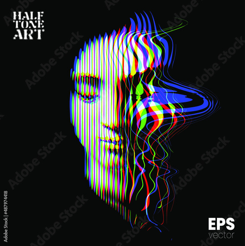 Halftone Art. Vector RGB color illustration from 3d rendering of side glitch distorted female face in vertical line halftone style isolated on black background.