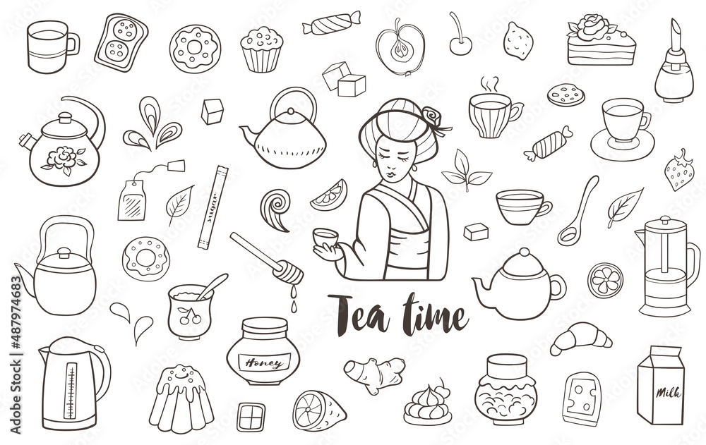 Tea and sweets vector doodles