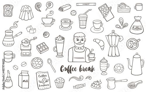 Coffee and sweets vector doodles