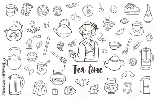 Tea and sweets vector doodles