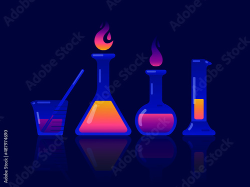 Set of flasks with liquid, vector illustration of chemistry