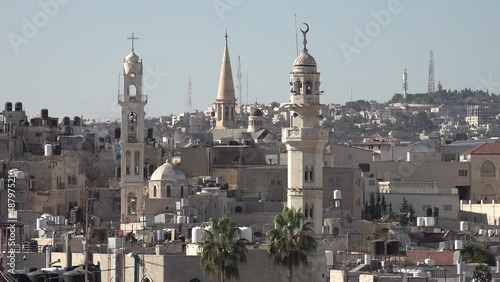 Skyline of Bethlehem in the Palestinian Territories, contrast between minarets and church towers
 photo