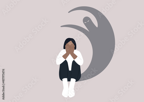 A young female Caucasian character covering their face with hands, a desperate situation, racism, stress and anxiety, mental health issues
