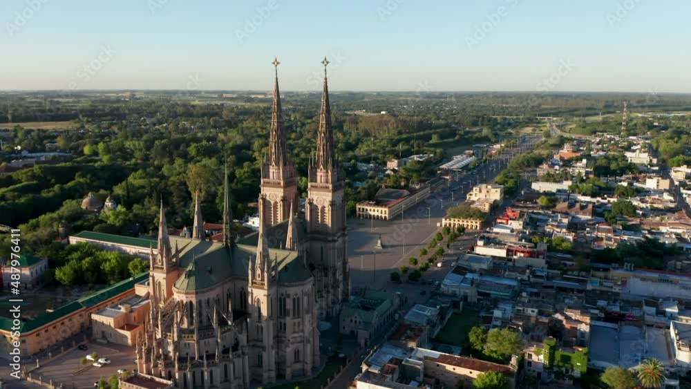 Aerial View Around Neogothic Basilica Of Our Lady Of Lujan In Buenos Aires, Argentina. drone orbit Aerial View Around Neogothic Basilica Of Our Lady Of Lujan In Buenos Aires, Argentina. drone orbit