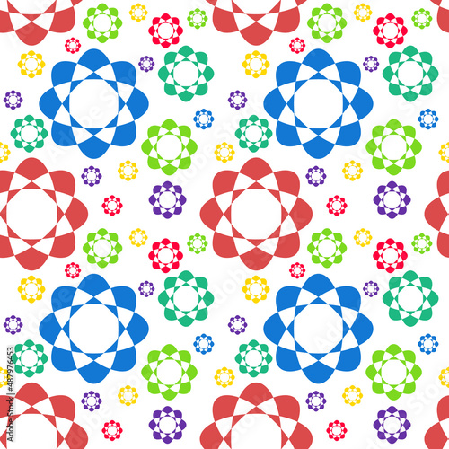 Seamless abstract geometric pattern. Blue, green, red, white, purple, yellow. Vector illustration. Polygons, circles, flowers. Design for textile fabrics, wrapping paper, background, wallpaper, cover.