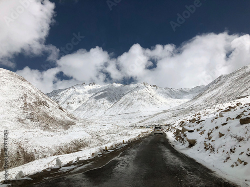This road to snow mountains view are Himalaya at Leh Ladakh India.