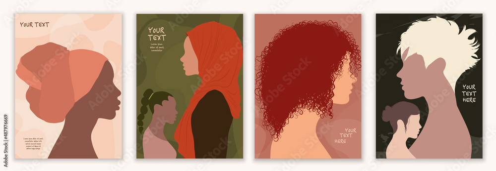 Silhouette profile of multicultural women. Group of diversity women and girls. Female social network community. Racial equality. Allyship. Empowerment. Brochure - poster -editable template