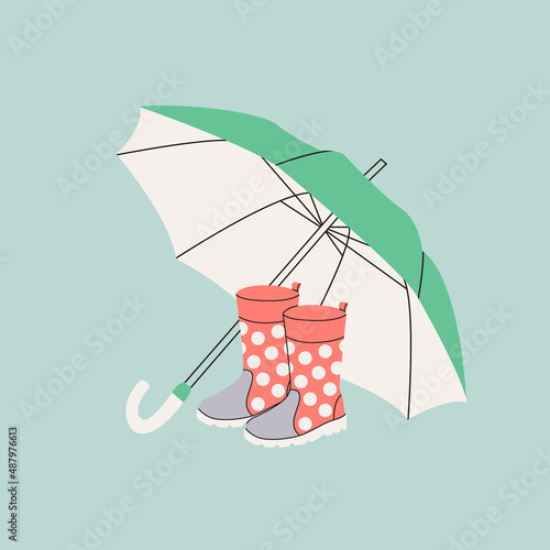 Pink wellies and green open umbrella. Rubber boots. Autumn background with umbrellas and boots.Rainy collection. Accessories for walking in autumn, spring. Hand drawn cartoon flat Vector illustration.