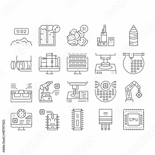 Semiconductor Manufacturing Plant Icons Set Vector .