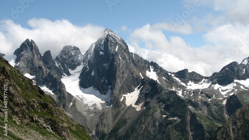 Mountain landscape in the Caucasus mountains with rocks and snow. © Yuliia