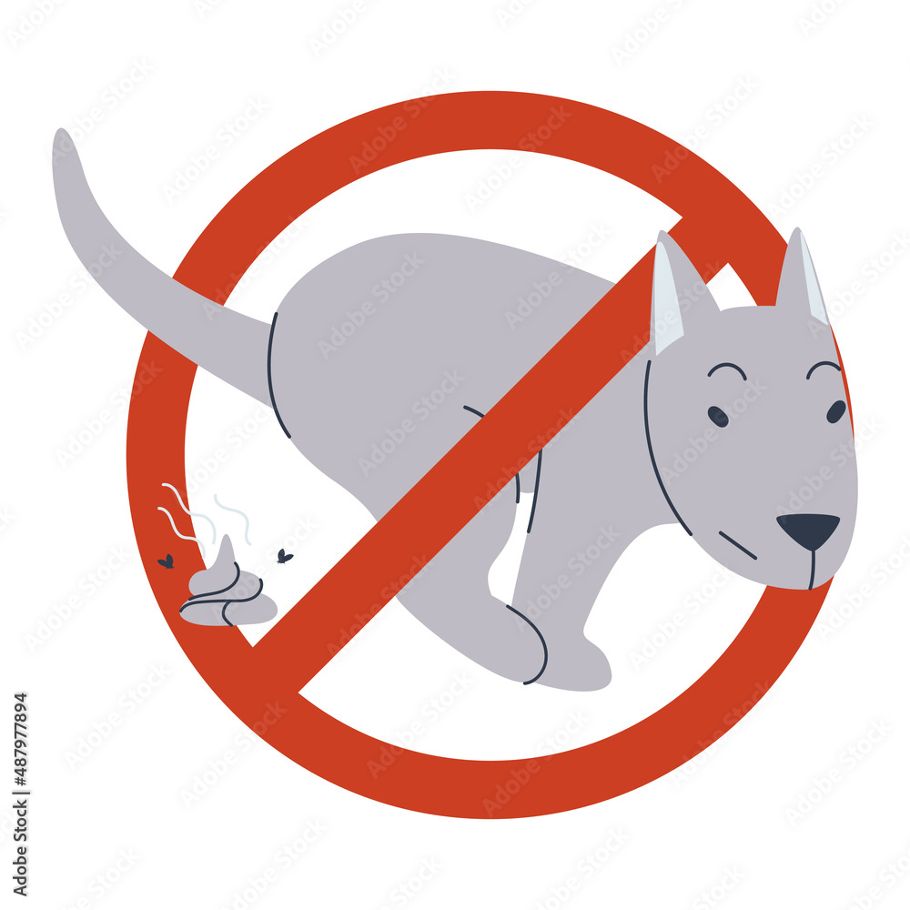 Prohibition sign. The dog poops. Dogs are not allowed to poop in public