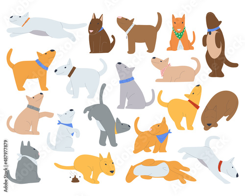 Home pet in various poses. Cute doggies sit, stand, sleep, jump. Dog banner. Flat vector illustration. Eps10