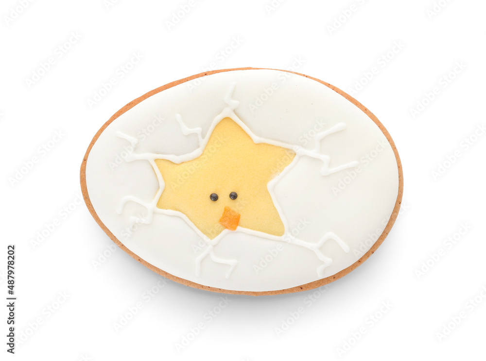 Easter cookie in shape of egg with chicken on white background Easter cookie in shape of egg with chicken on white background