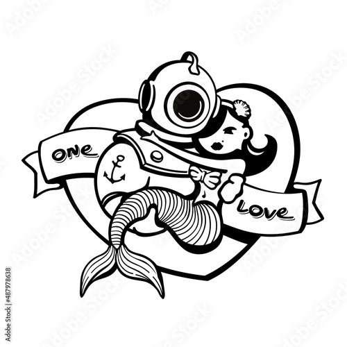 colored romantic love tattoo with diver and mermaid