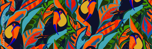 toucan, bird, exotic bird, bird of paradise, tropical animals, mexican, vector, seamless vector, seamless pattern, vector file, bright tropics, jungle, rainforest, monstera, banana, tropics, tropical 