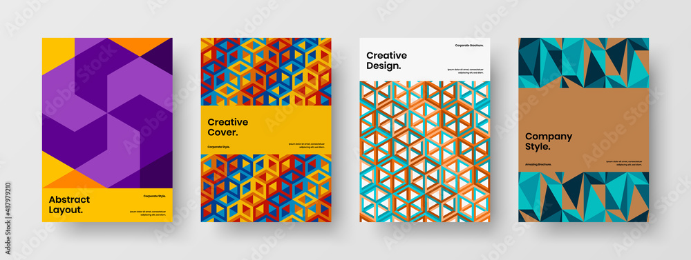 Fototapeta premium Vivid mosaic tiles catalog cover layout bundle. Isolated pamphlet vector design illustration composition.