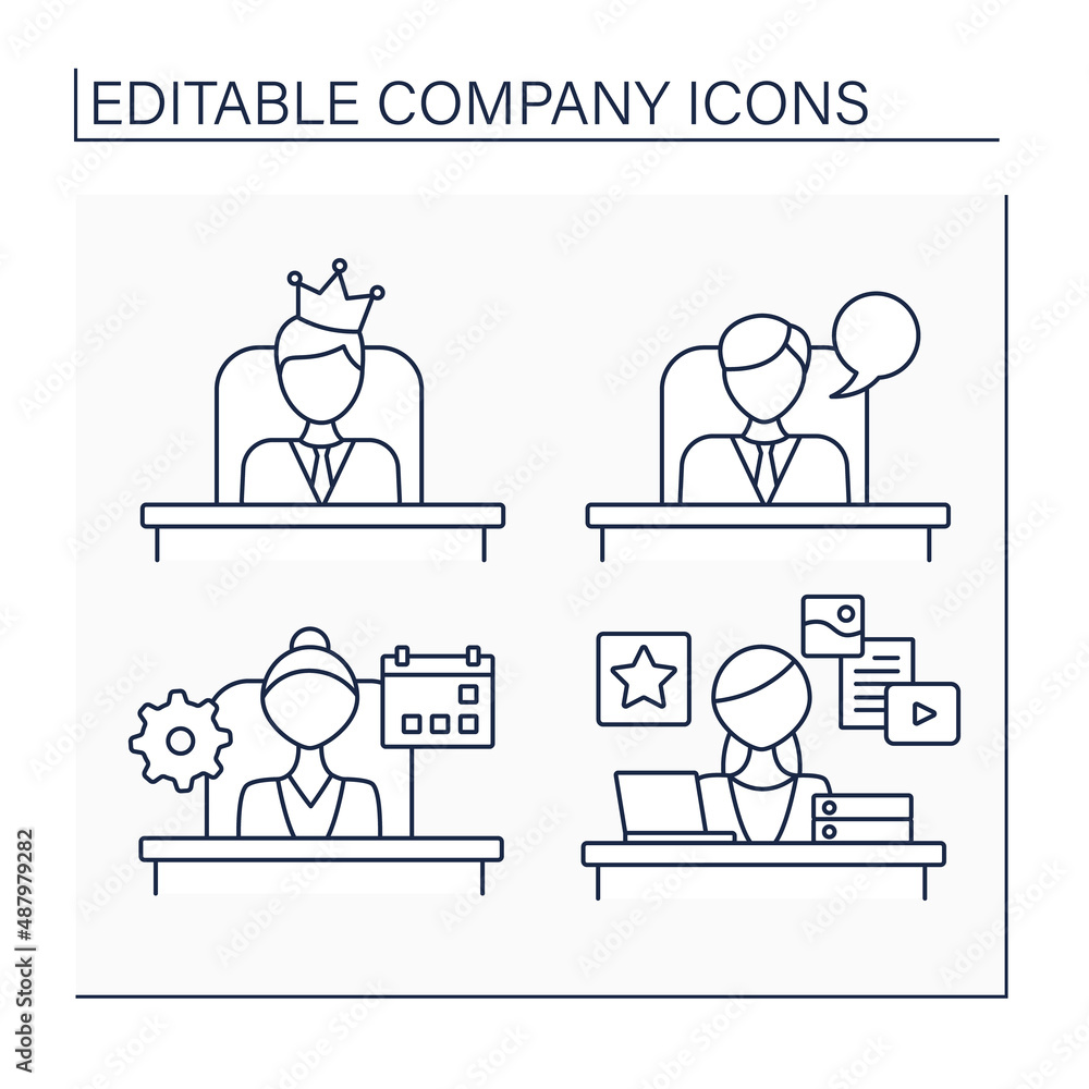 Company line icons set.Marketing department, managing director, director, chairman. Business concept. Isolated vector illustrations. Editable stroke