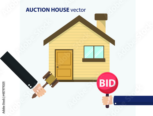 Hand holding auction paddle. Selling or buying a new house. Bid plate. Auction competition. Vector illustration