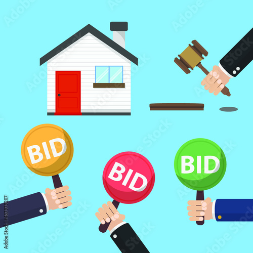 People holding auction paddle. Selling or buying a new house. Bid plate. Auction competition. Vector illustration