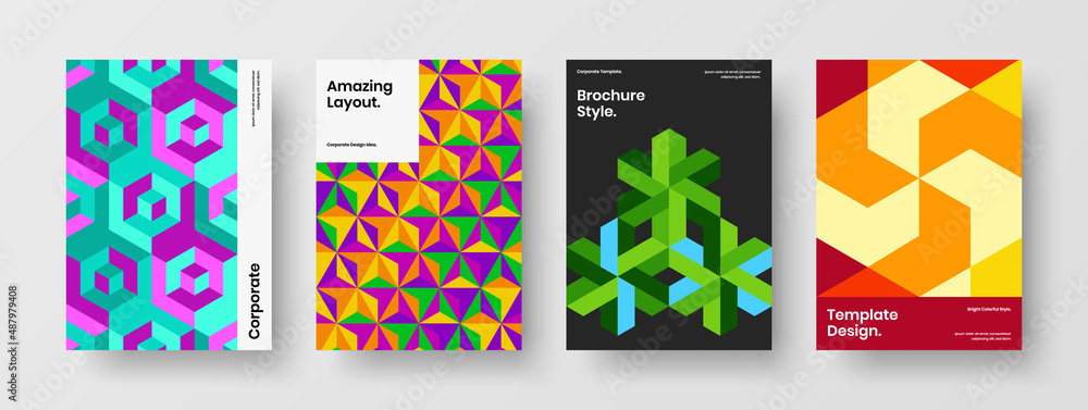 Modern geometric tiles magazine cover layout collection. Colorful corporate identity A4 vector design illustration set.