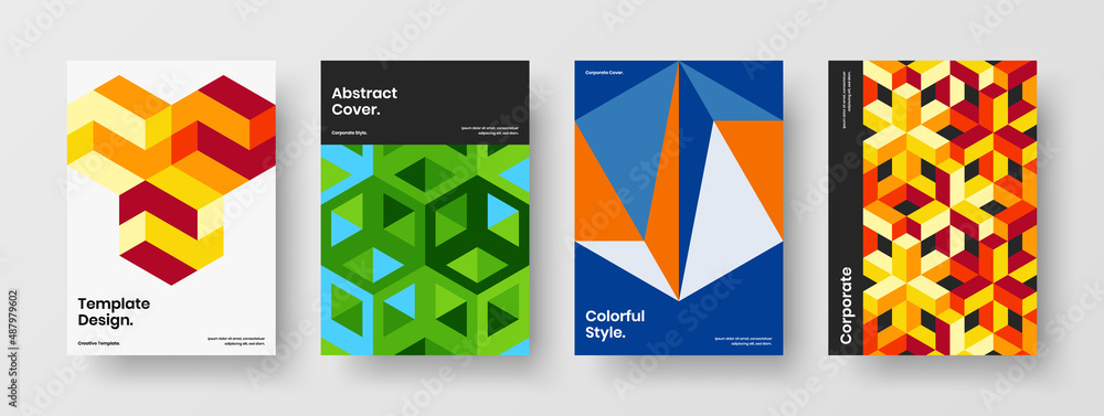 Modern geometric hexagons postcard illustration composition. Creative company cover vector design layout set.