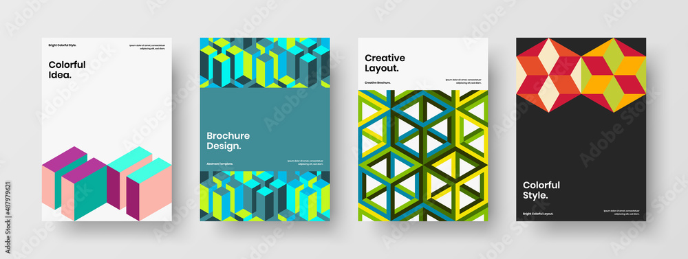 Unique company brochure design vector concept bundle. Original mosaic hexagons annual report layout set.