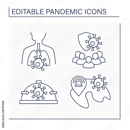 Pandemic line icons set. Containment, covid pneumonia, herd immunity, emergency state. Disease concept. Isolated vector illustrations. Editable stroke
