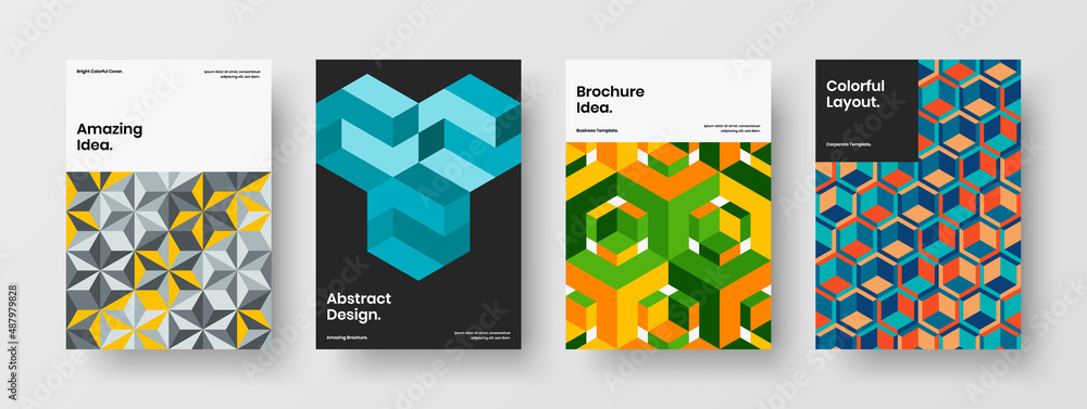 Fototapeta premium Trendy flyer design vector template composition. Unique geometric hexagons front page layout set.