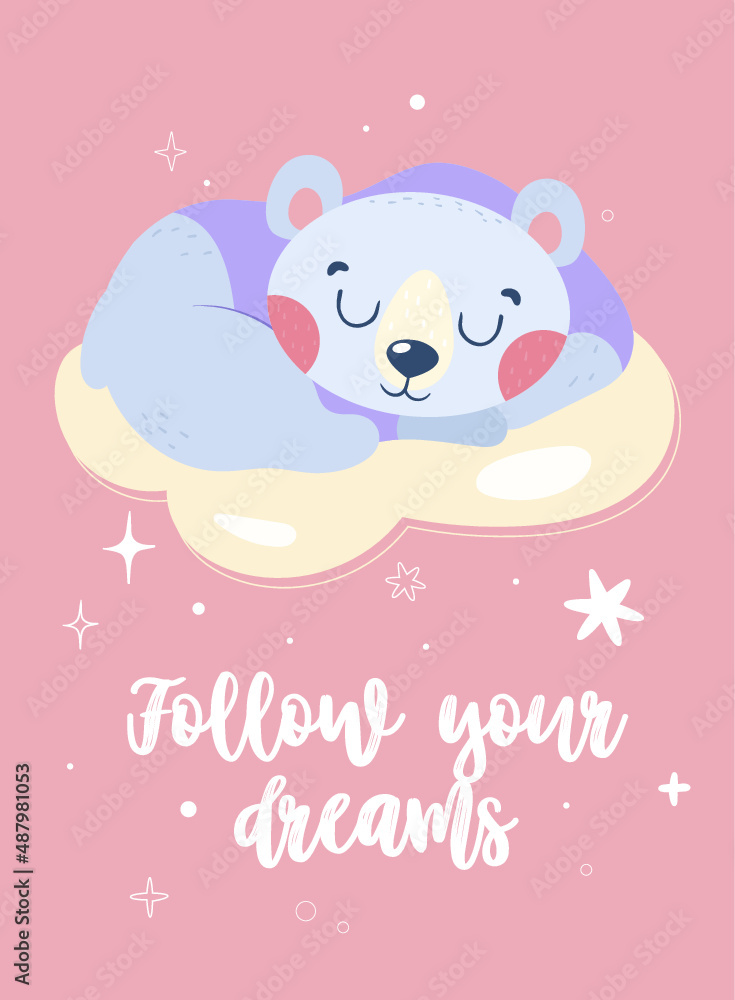 Cute teddy bear in pajamas sleeps on a cloud. Beautiful postcard with an inscription. Vector cartoon postcard on isolated white background. Cute teddy bear in pajamas sleeps on a cloud. Beautiful postcard with an inscription. Vector cartoon postcard on isolated white background.