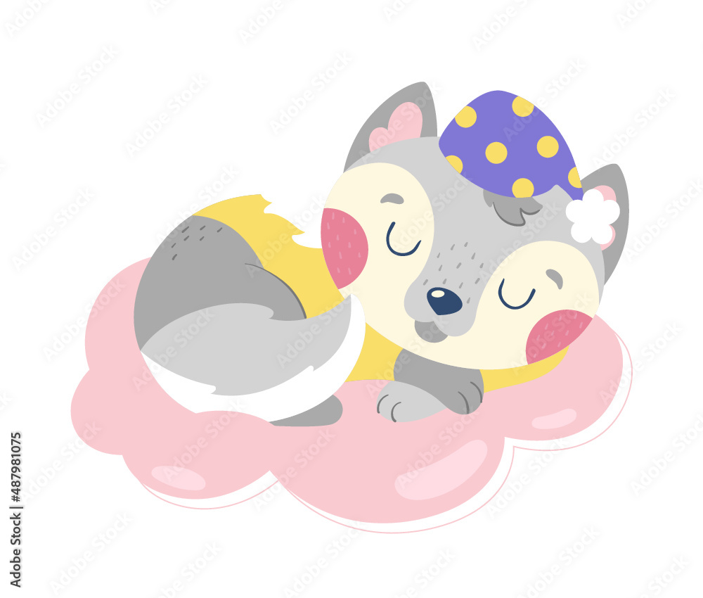 A cute gray wolf cub in pajamas and a cap sleeps on a cloud. Vector cartoon illustration isolated on white background. A cute gray wolf cub in pajamas and a cap sleeps on a cloud. Vector cartoon illustration isolated on white background.